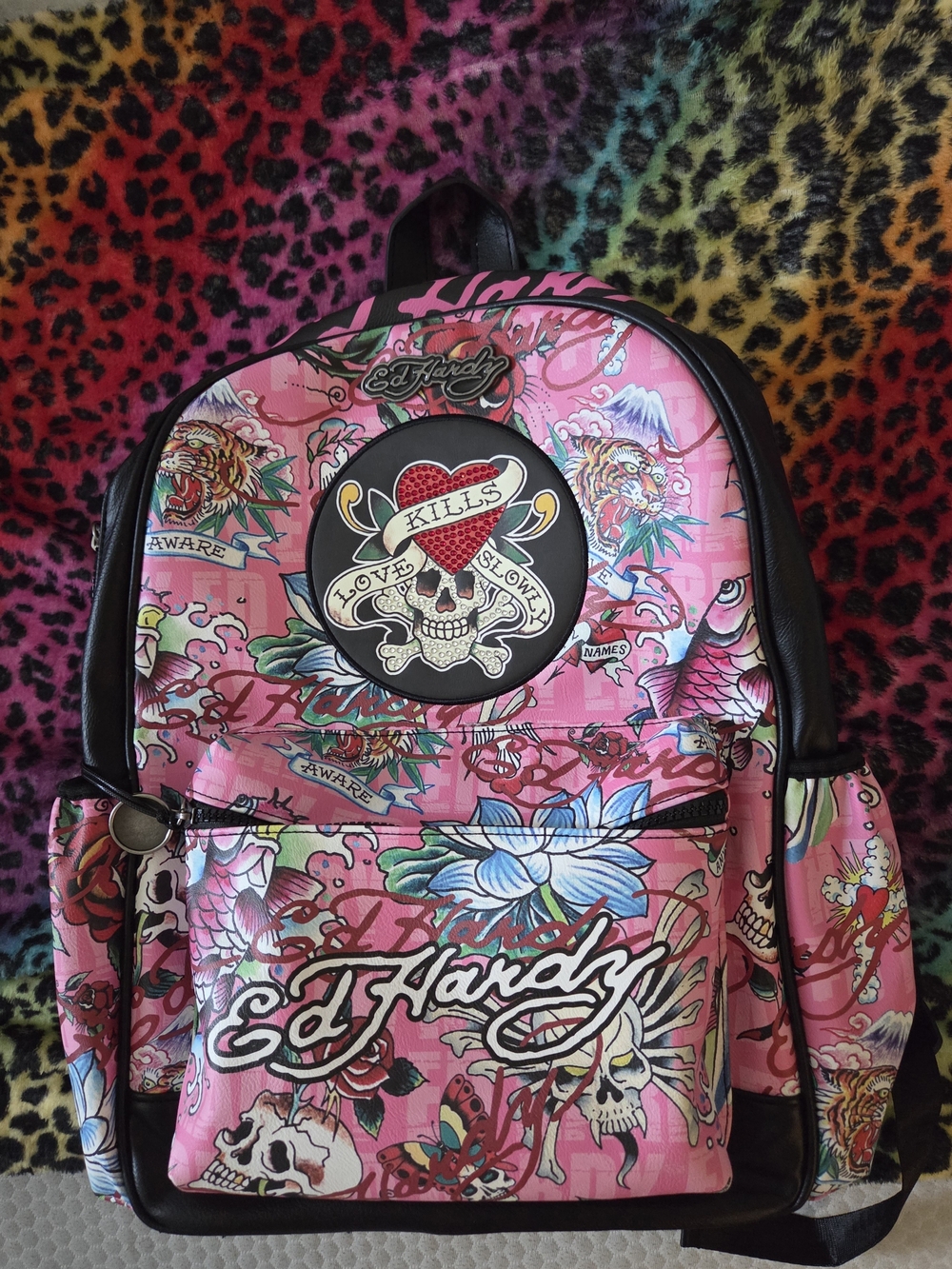Ed Hardy Pink Tattoo-Print Skull & Floral Backpack